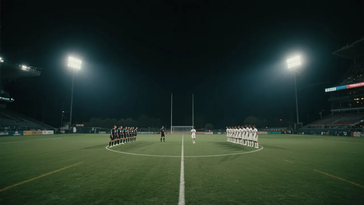 北美夜场球场灯光下，两队球员在中圈对峙的电影感画面