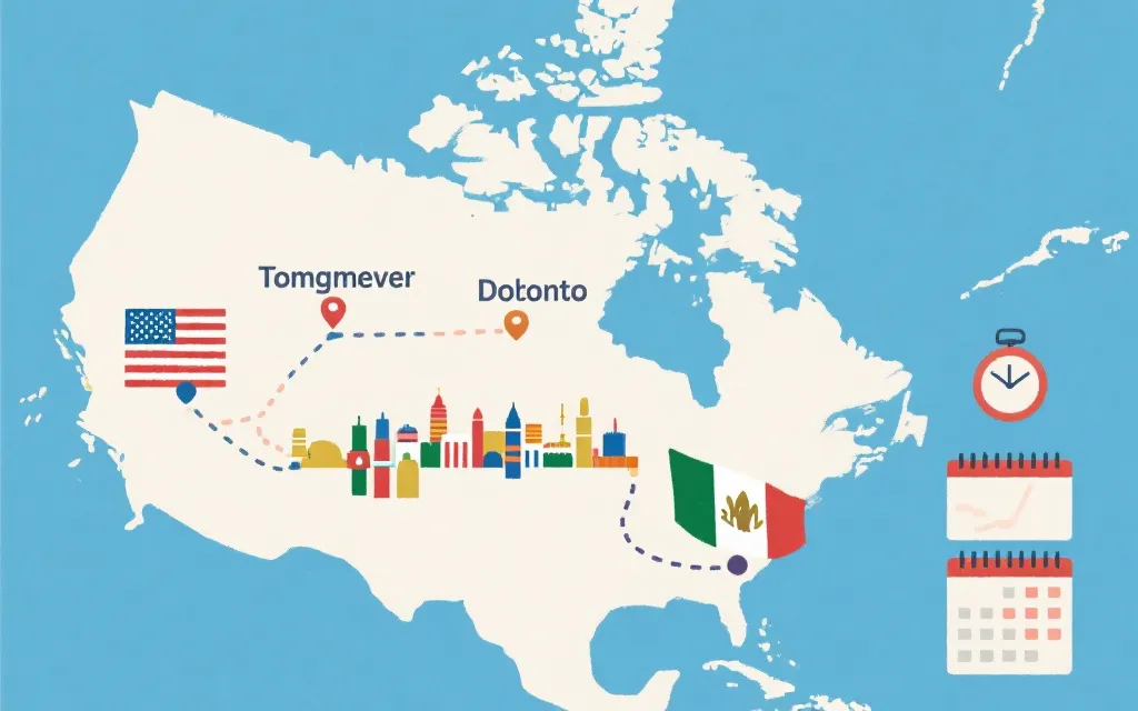 北美地图上标记温哥华、多伦多与美国墨西哥城市的追赛路线规划